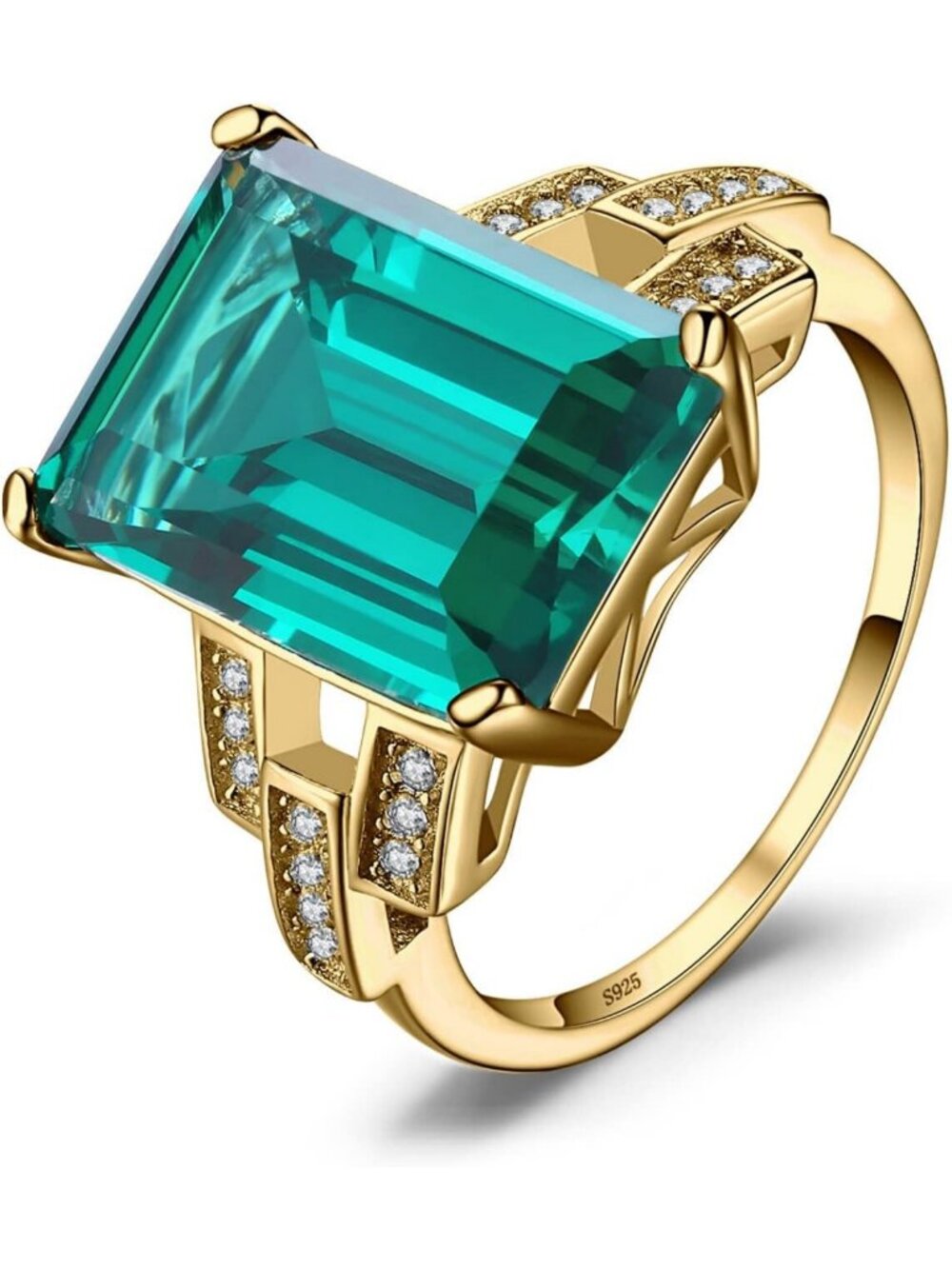 Stunning Emerald Cut 6ct Simulated Emerald Solitaire Cocktail Ring, 925 Silver